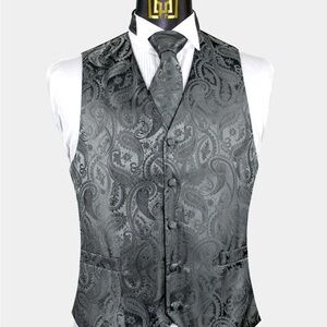Sophisticated Charcoal Paisley Vest and Tie Set